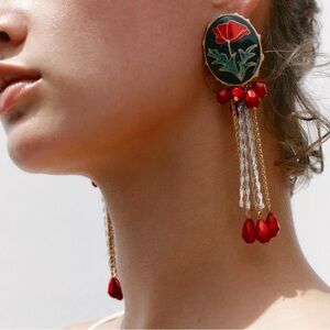 New! Zara unique Red and Gold Floral Drop Earrings